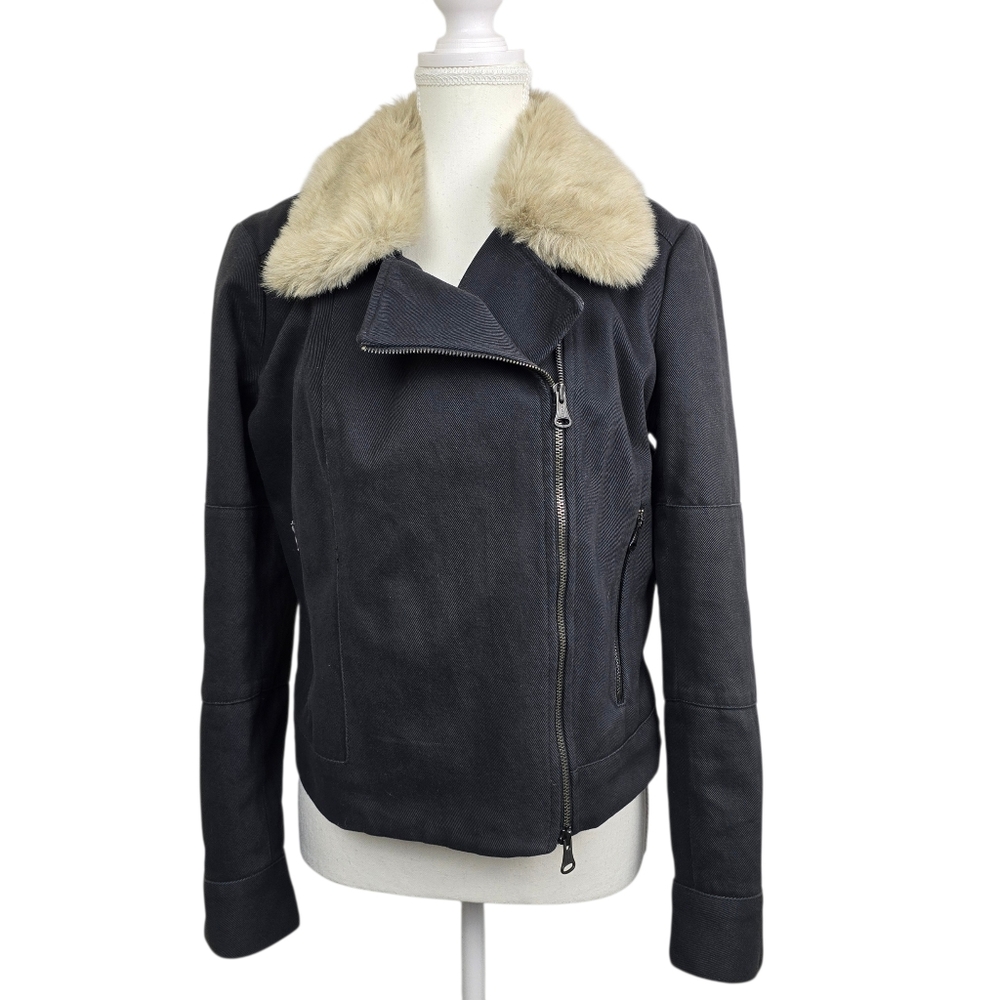 Club Monaco Krisi Moto Jacket Large Gray Sherpa Lined Faux Fur Collar Grunge